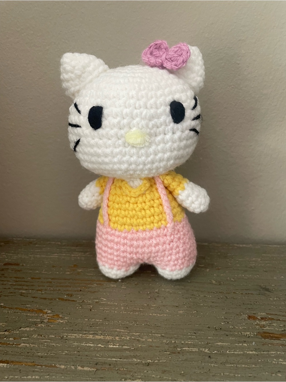 White and Pink Crochet Cat Plush with Yellow Outfit